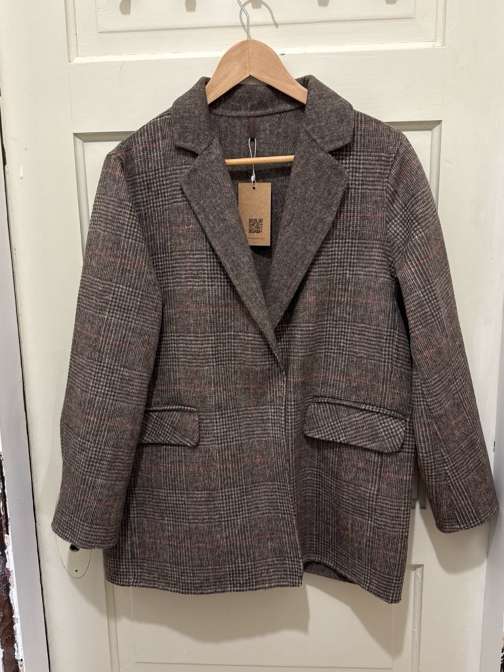 Women's Brown Plaid Utility Jacket with Notch Lapel
